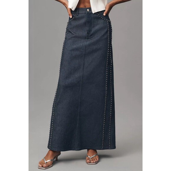 Gestuz Denim Studded Maxi Skirt Women’s Size XS High Waist Anthropologie New - Picture 3 of 11